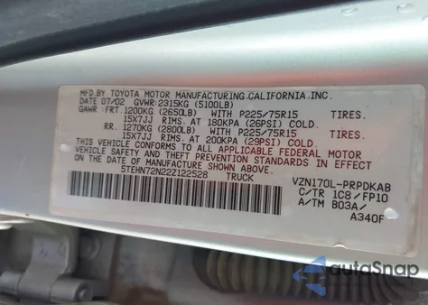 2002 Toyota Tacoma Base V6 из США, поврежденный, VIN 5TEHN72N22Z122528